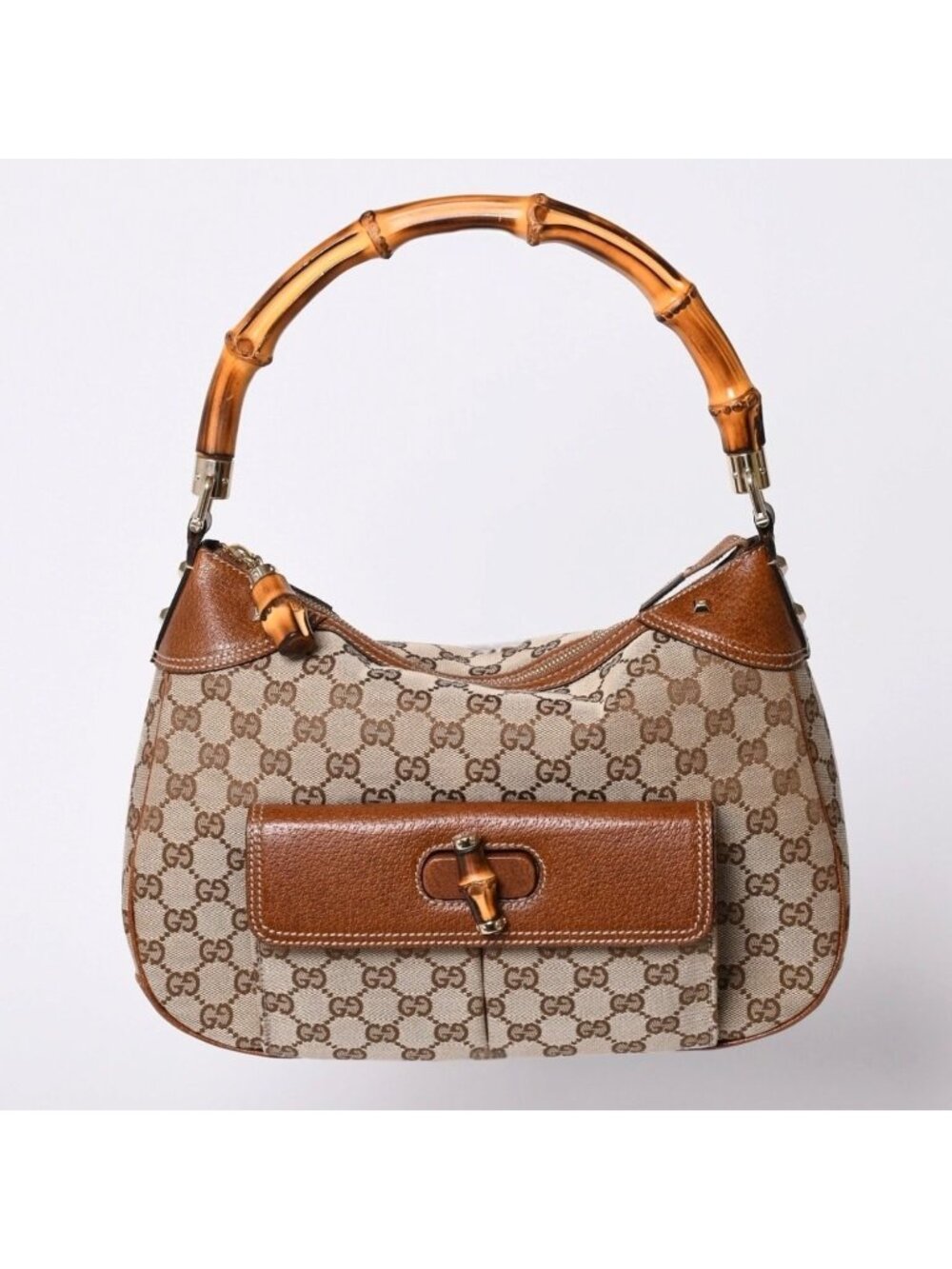 Gucci Bamboo Shoulder Bag GG Canvas Beige Brown